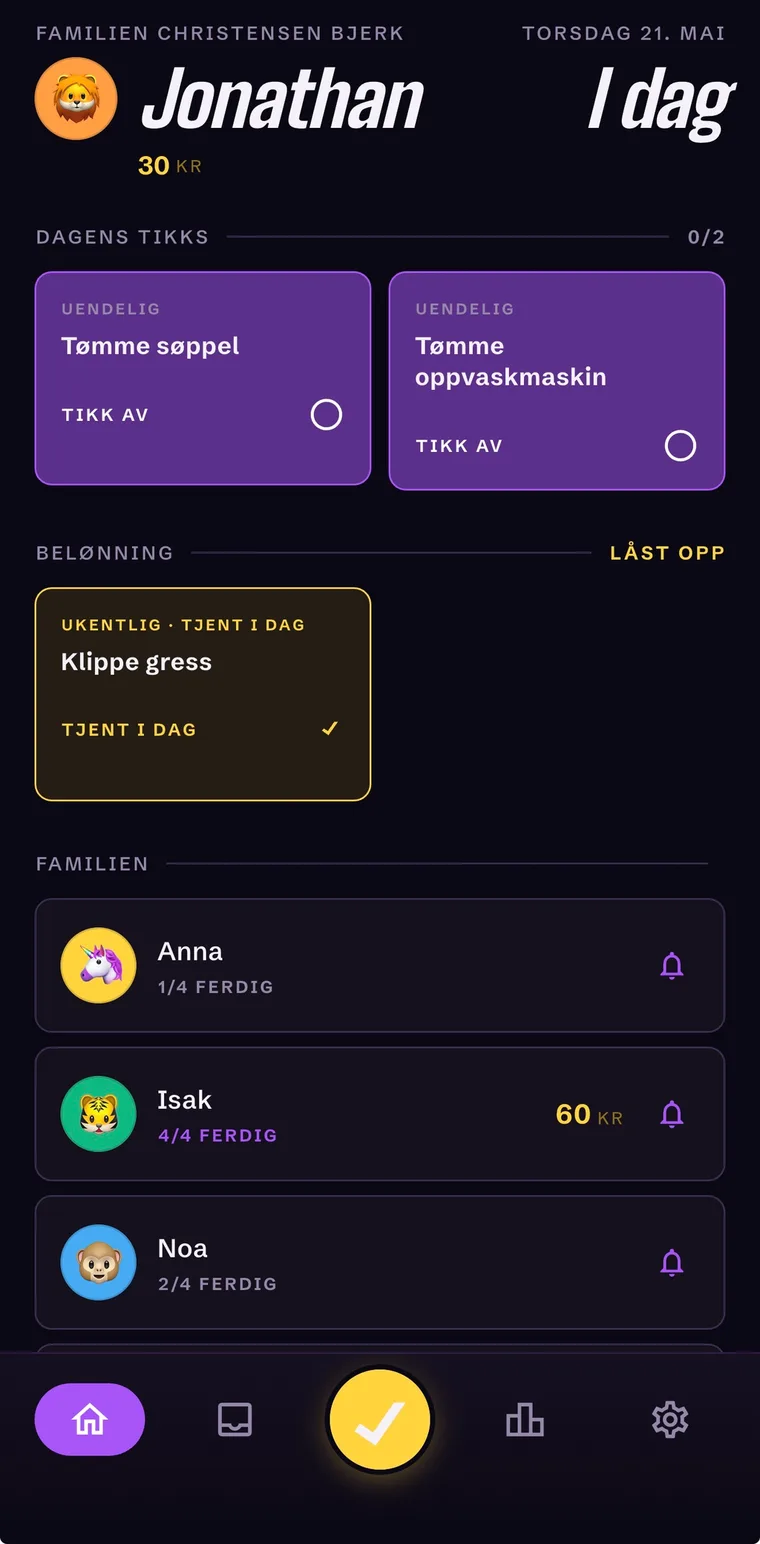 Tikk-appens forelder-skjerm med dagens oppgaver og familiens saldo