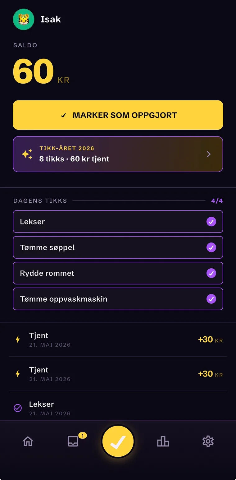 Regnskap-skjerm i Tikk: saldo, transaksjons-ledger og «marker som oppgjort»