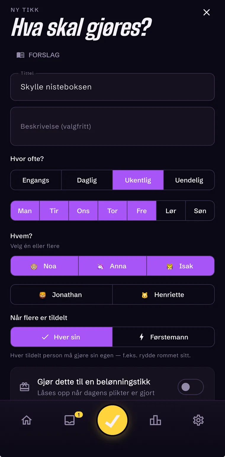 Opprett ny tikk i appen — oppgavetype, frekvens og tildeling til profil